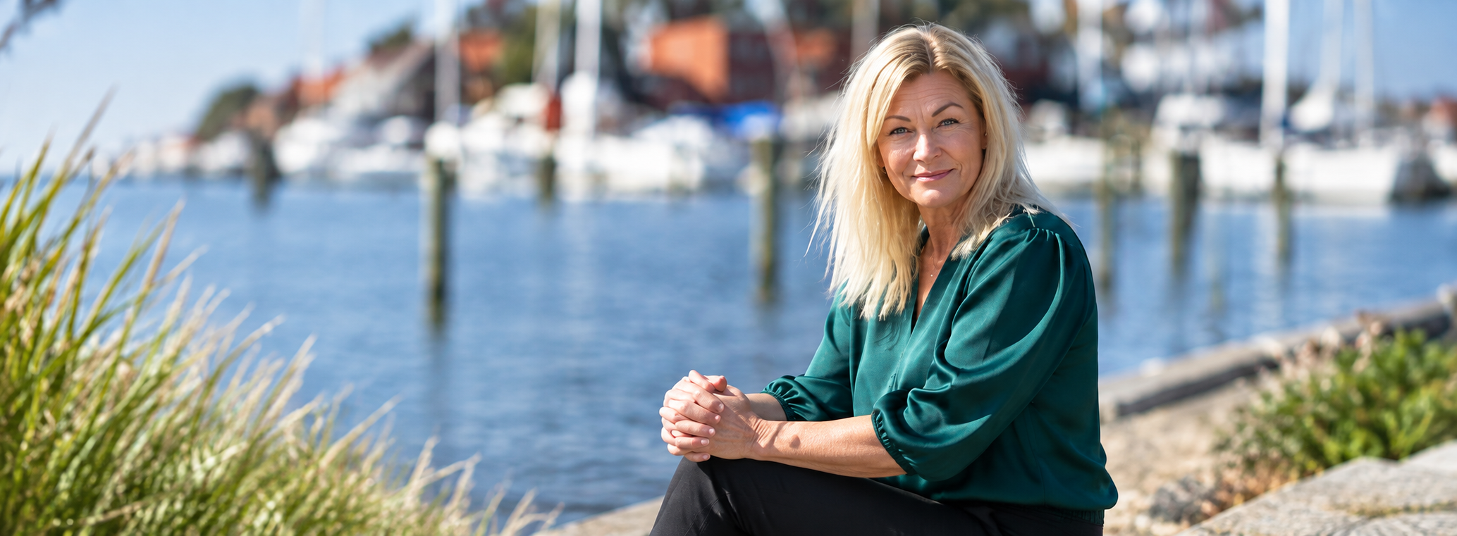 Annika i grøn bluse ved havnen, fra designskitsen